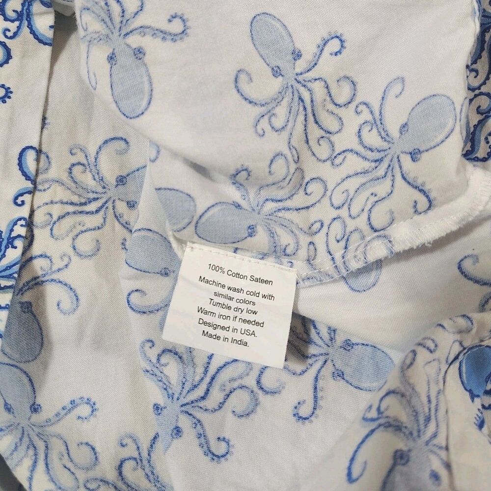 Womens Octopus Pajama Set Size XL Blue White Coastal Nautical Cotton - Picture 9 of 12